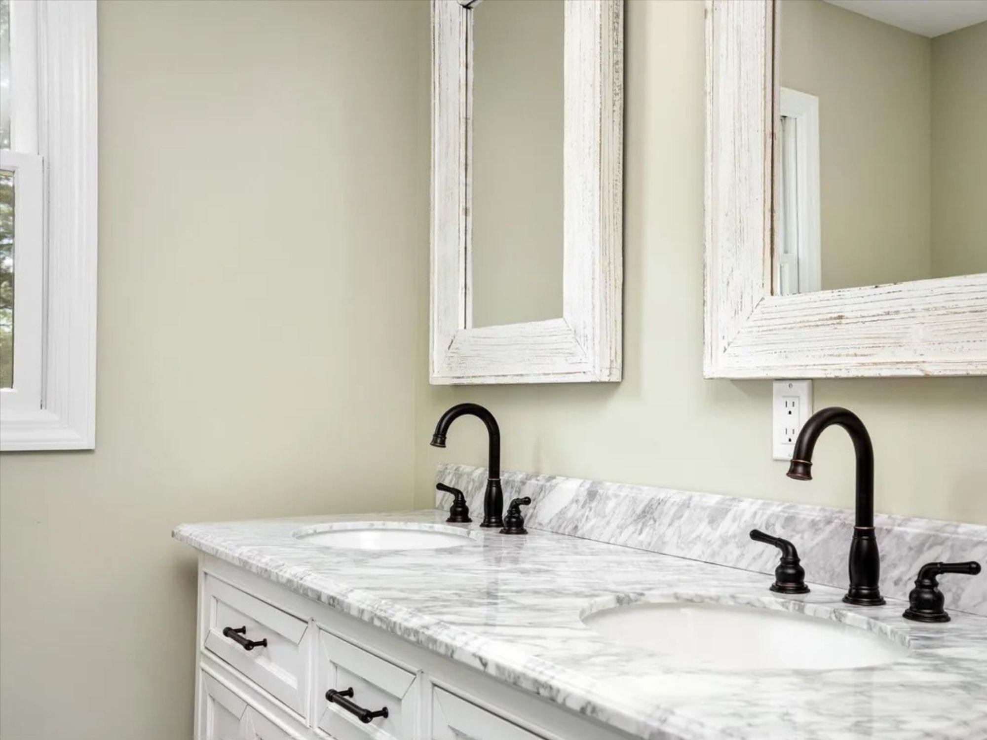 bathroom double vanity with reclaimed wood mirrors in a houghton contracting custom home project in trenton new jersey