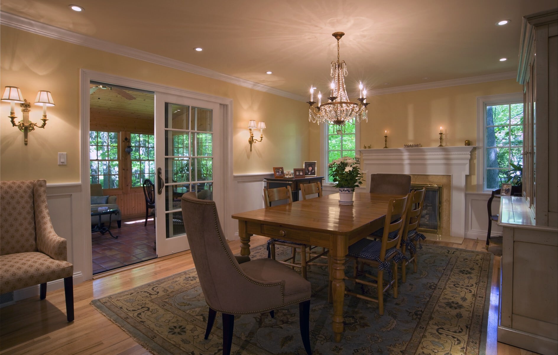 formal dining room with crystal chandelier and pine table custom home project by houghton contracting in west windsor new jersey - optimized