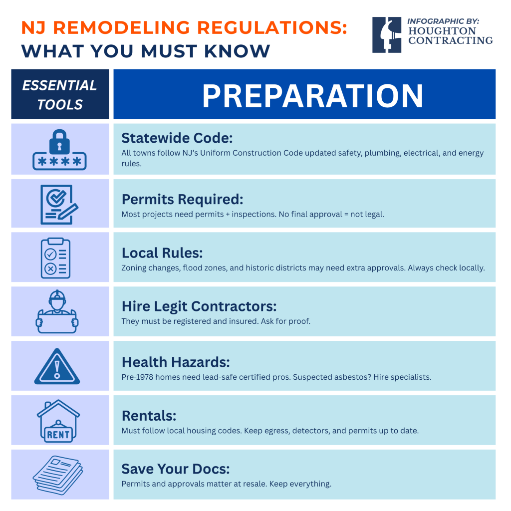 Infographic listing NJ remodeling preparation steps: statewide code, permits, local rules, licensed contractors, health hazards, rentals, and document preparation.