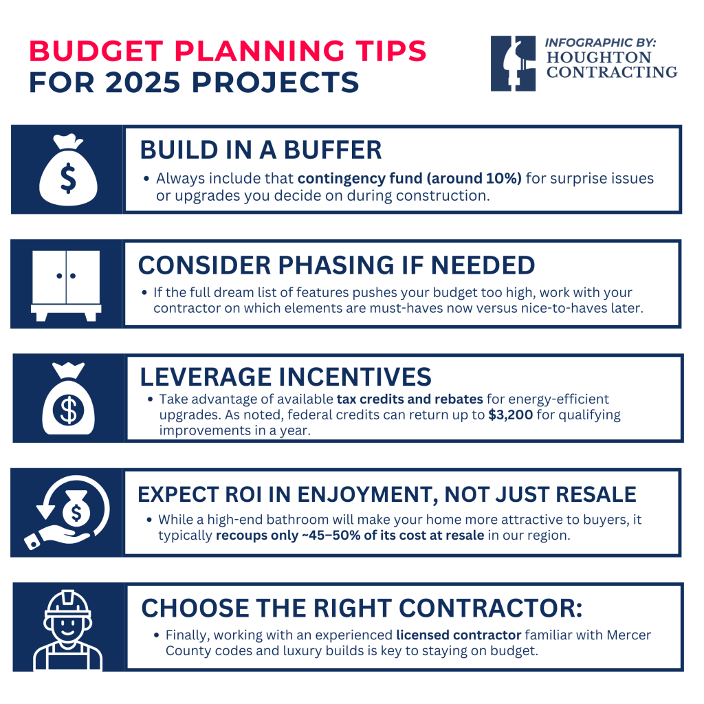 Infographic listing five budget planning tips for 2025 projects, including building a contingency fund, phasing work, leveraging incentives, considering ROI, and choosing a licensed contractor.
