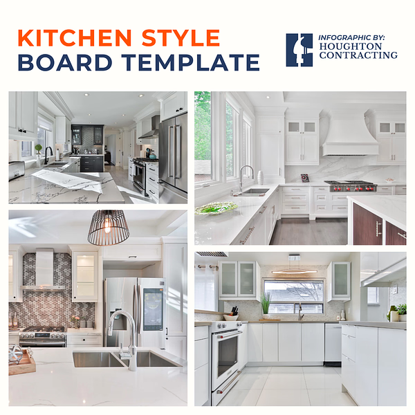 Collage of modern white kitchens with stainless steel appliances, marble countertops, and large windows, titled Kitchen Style Board Template by Houghton Contracting.